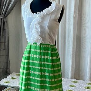 Vintage 70’s Sleeveless Maxi Dress Sz XS/S Ruffle Top Green White Yellow Flowers